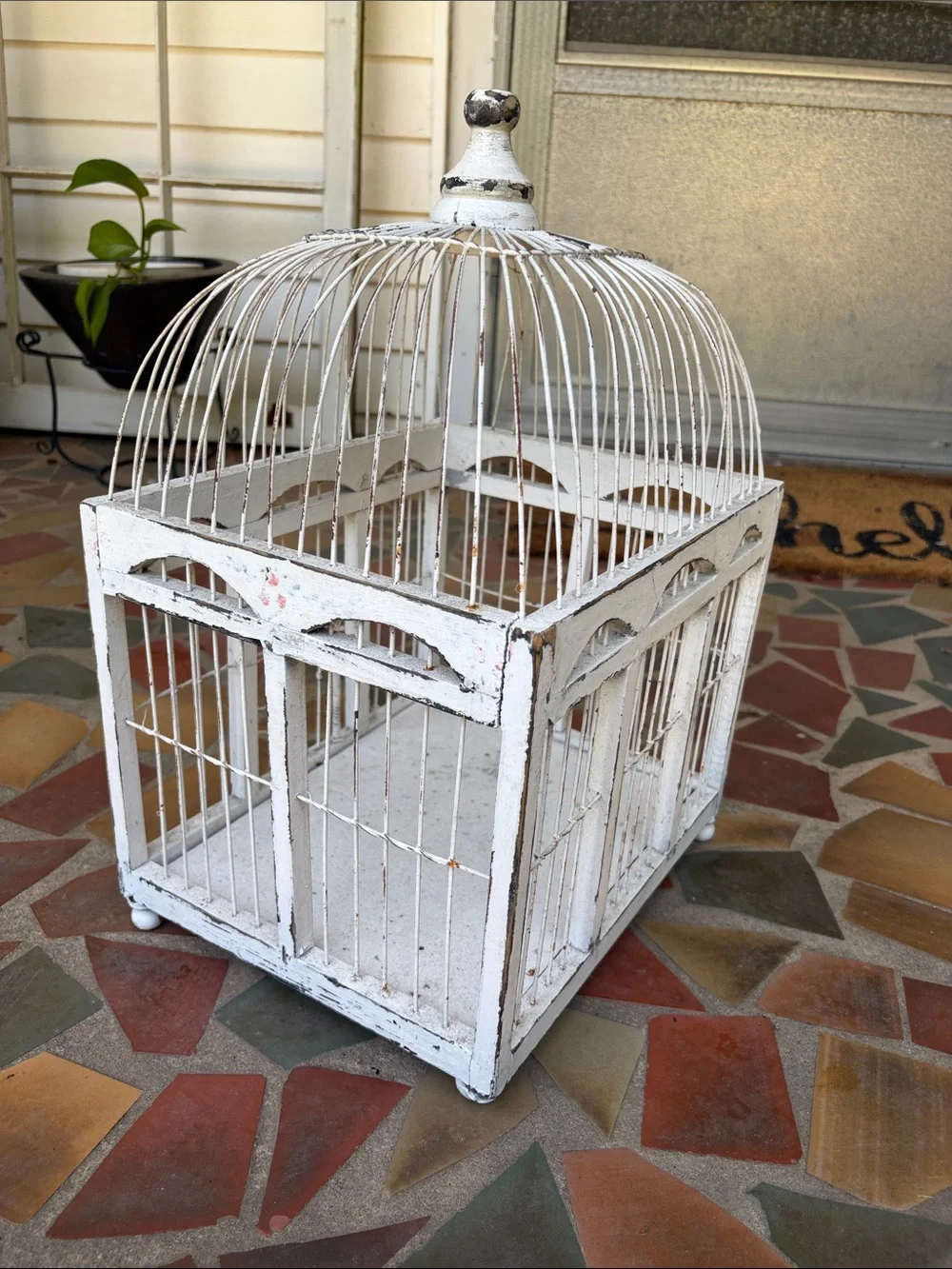 Vintage White Decorative Bird Cage Hand Painted Wood and Wire